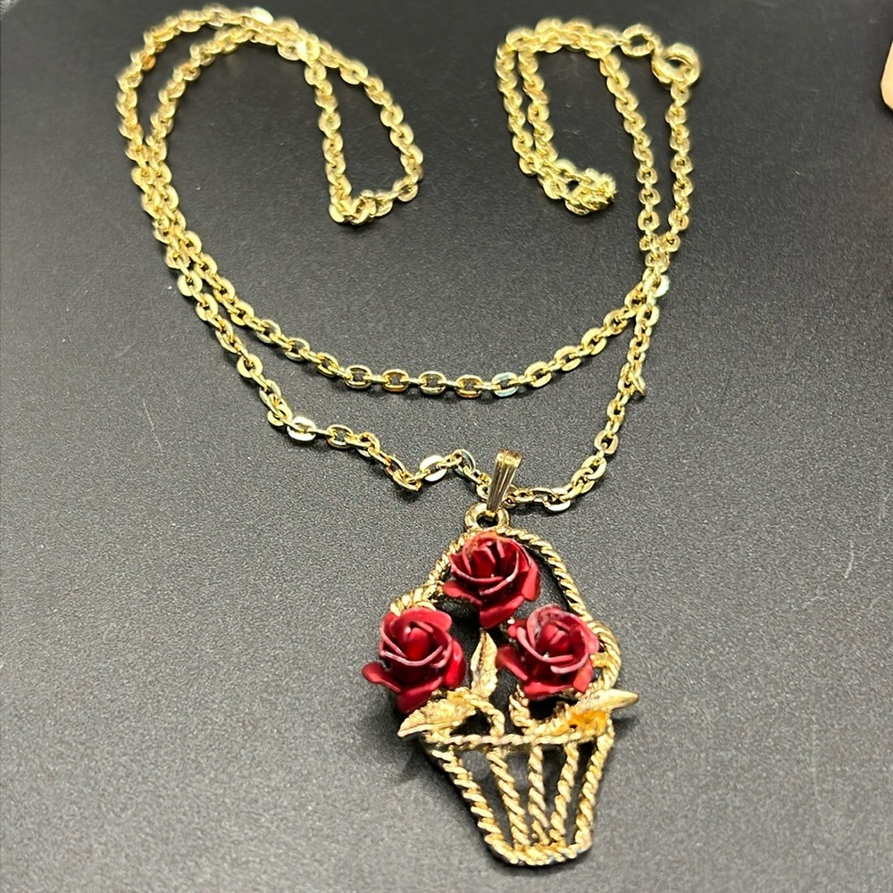 Vintage red rose basket necklace